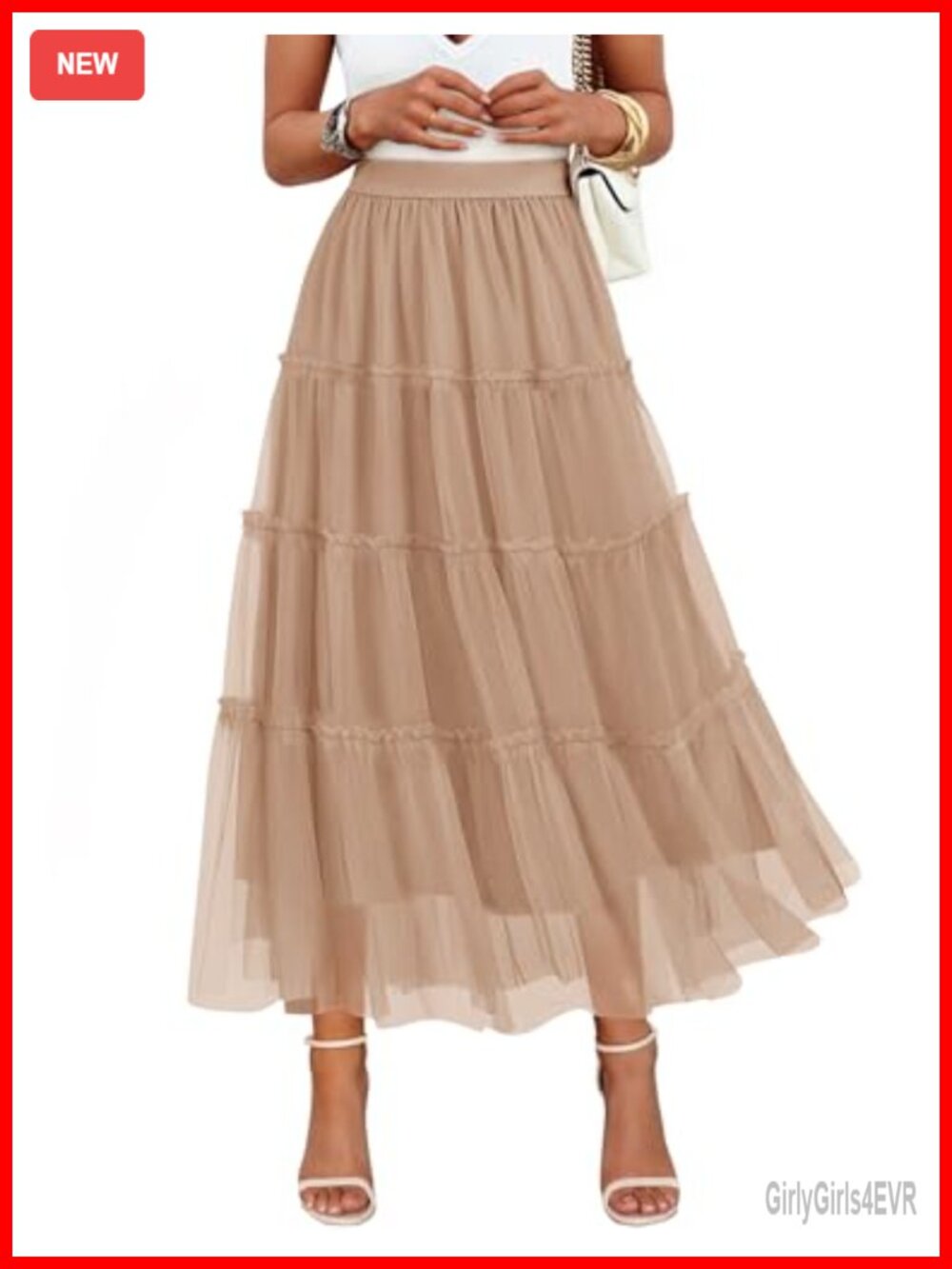 Tulle A-Line Flowy Ruffle Tiered Maxi Skirt Elastic High Waist